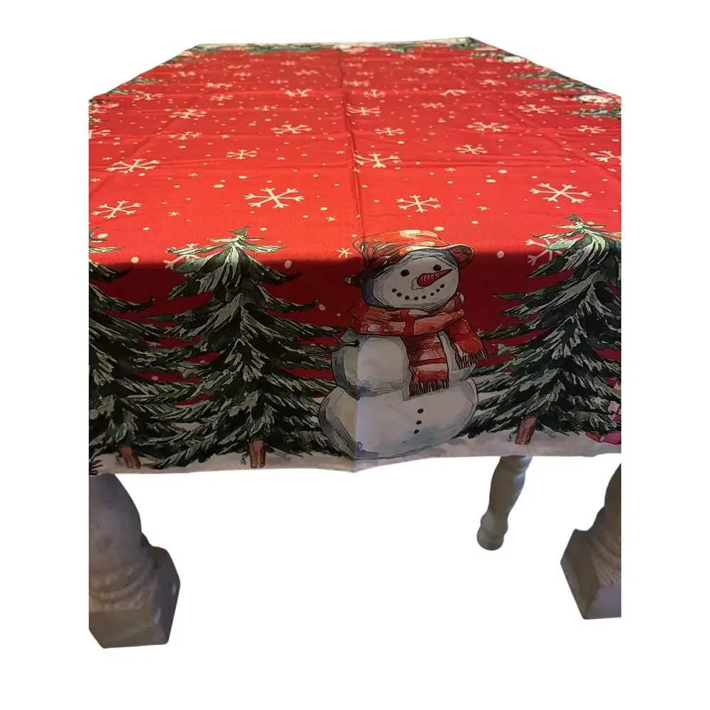 Novilys Christmas Tablecloth 58 X 82 Snowflakes and Snowmen Red Polyester New